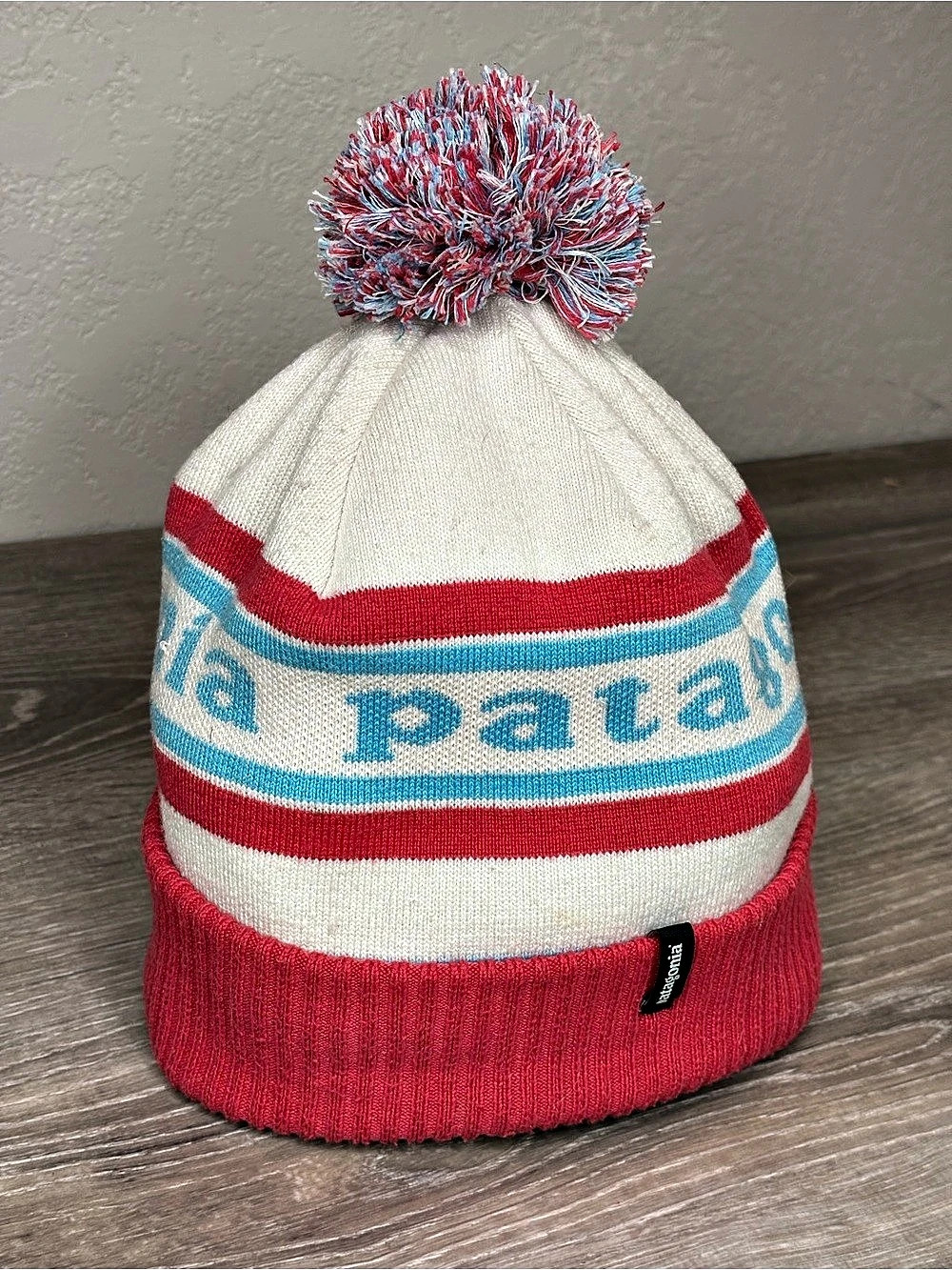 Patagonia Powder Town Beanie Striped Pom-Pom Red & White